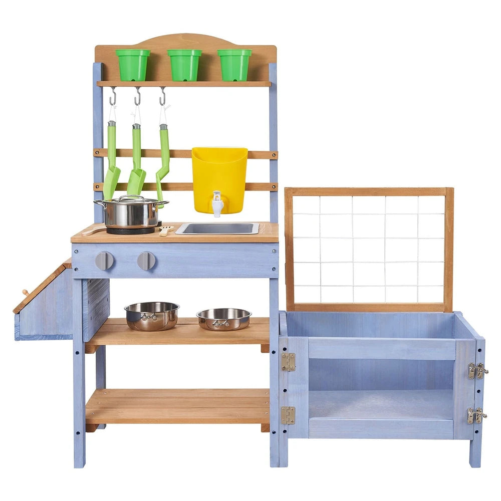 Wooden Outdoor Mud Kitchen – Backyard Play Kitchen with Planting Box