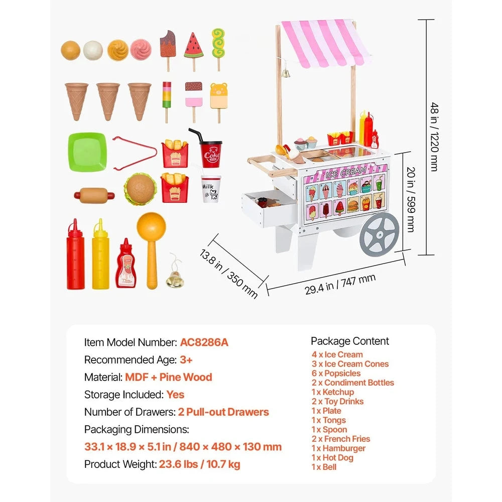 Wooden Ice Cream Cart Playset – Pretend Play Shop with Awning (Pink)