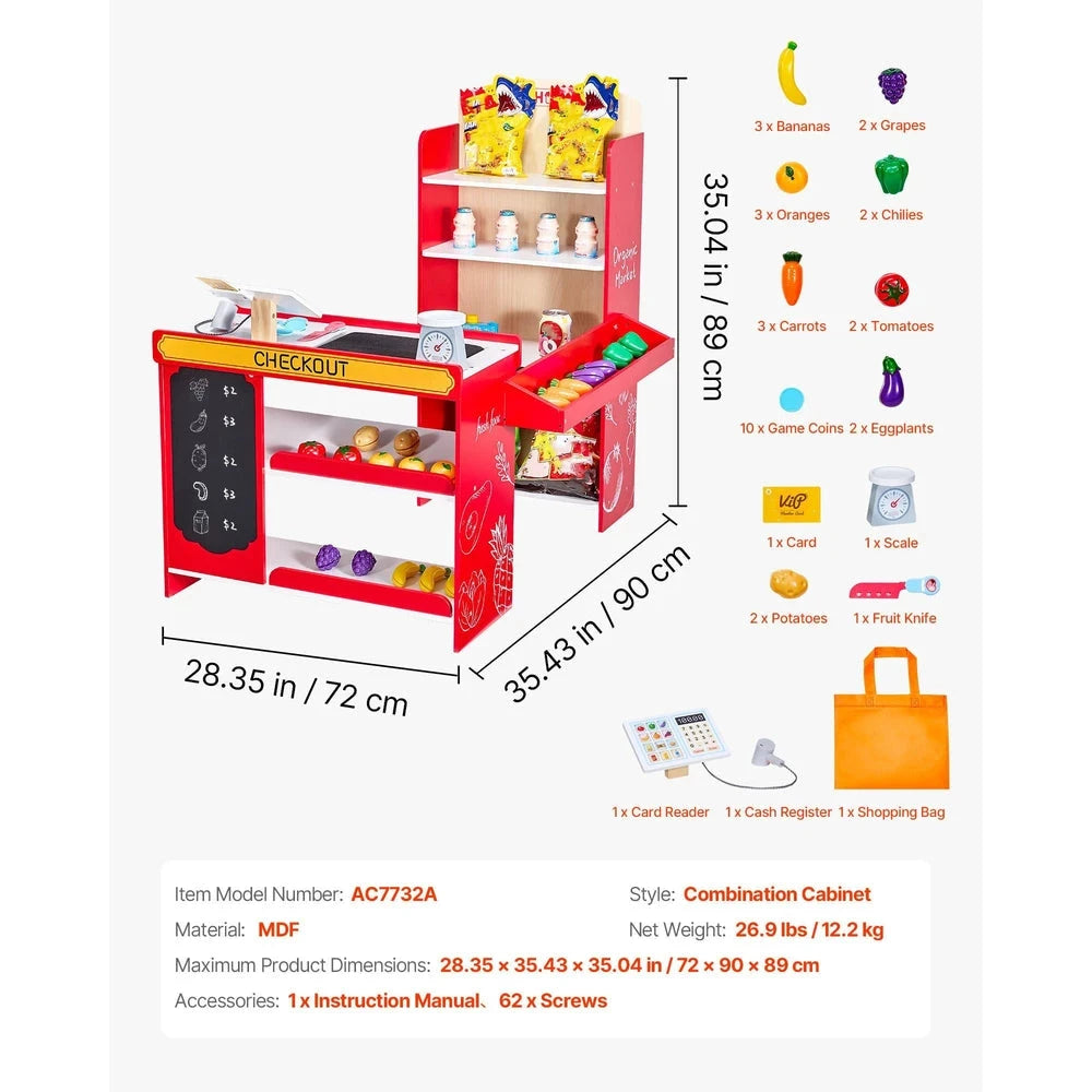 Wooden Kids Grocery Playset – Pretend Market Stand with Play Food