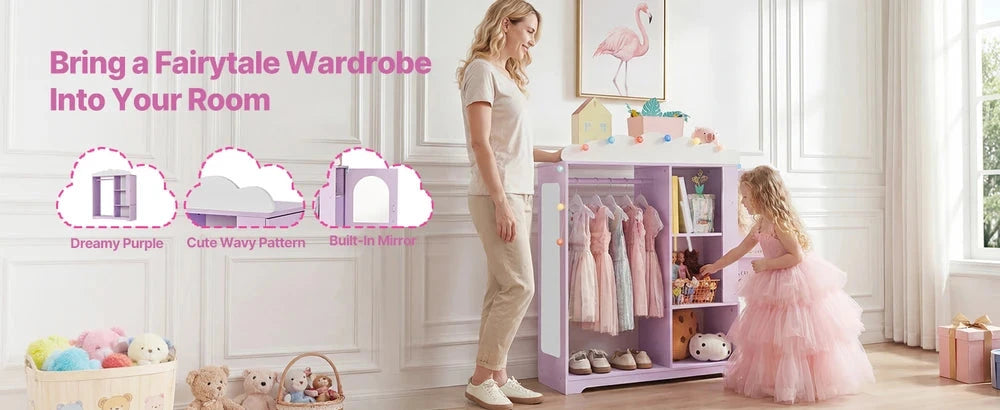 Kids Costume Storage Armoire – Dress-Up Wardrobe with Mirror & Shelves
