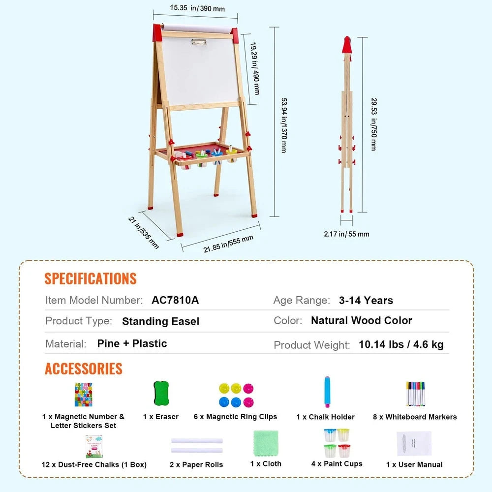 3-in-1 Wooden Art Easel – Adjustable Double-Sided Easel with Chalkboard & Whiteboard