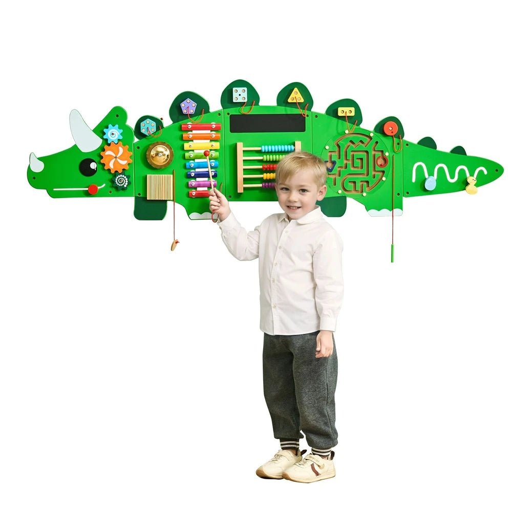Dinosaur Activity Busy Board – Montessori Wall Toy with 11 Sensory Games