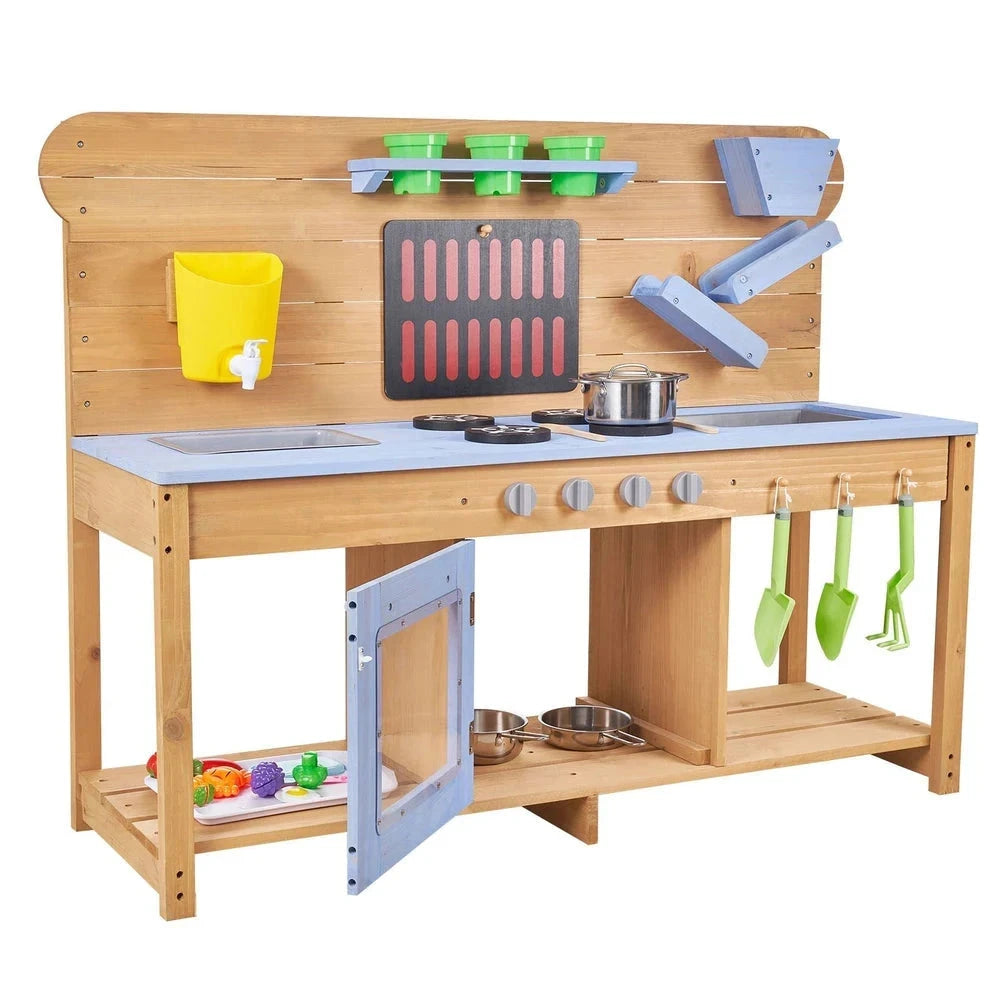 Wooden Outdoor Mud Kitchen – Backyard Sensory Play Station with Double Sinks