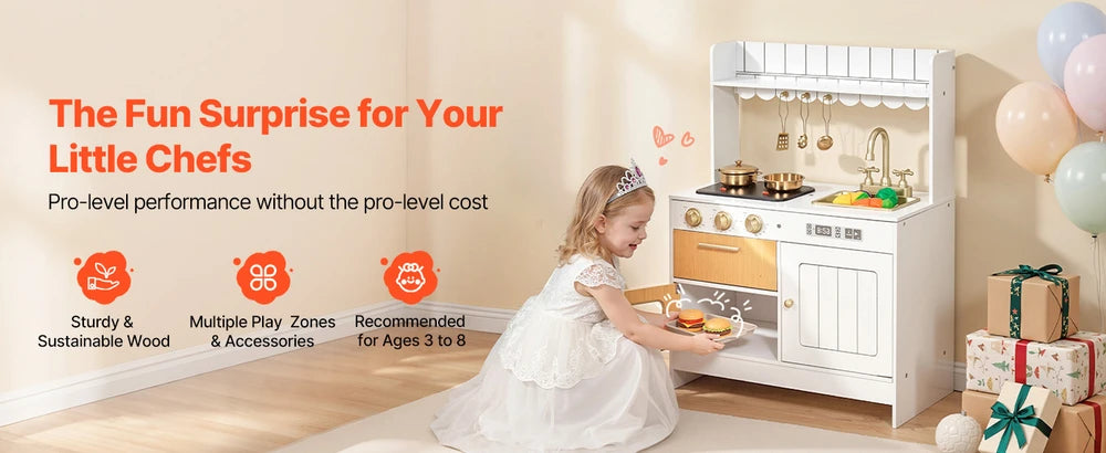 Wooden Play Kitchen – Pretend Kitchen with Oven, Stove, Lights & Sounds