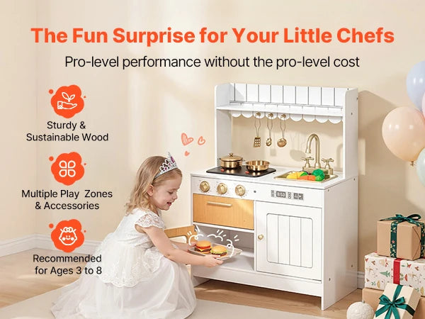 Wooden Play Kitchen – Pretend Kitchen with Oven, Stove, Lights & Sounds