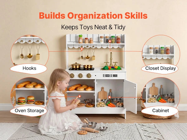Wooden Play Kitchen – Pretend Kitchen with Oven, Stove, Lights & Sounds