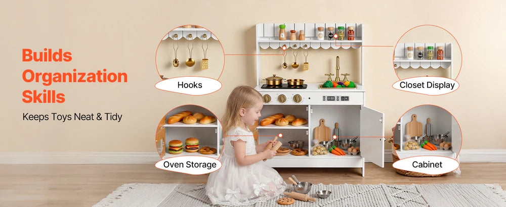 Wooden Play Kitchen – Pretend Kitchen with Oven, Stove, Lights & Sounds