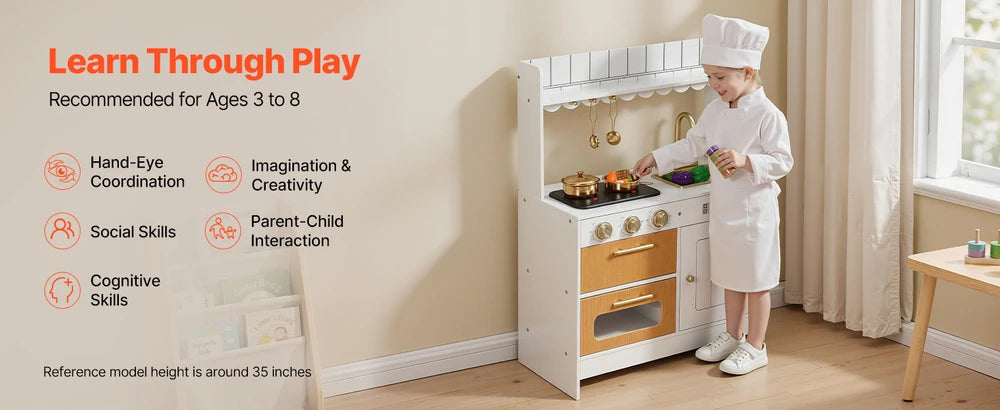 Wooden Play Kitchen – Pretend Kitchen with Oven, Stove, Lights & Sounds
