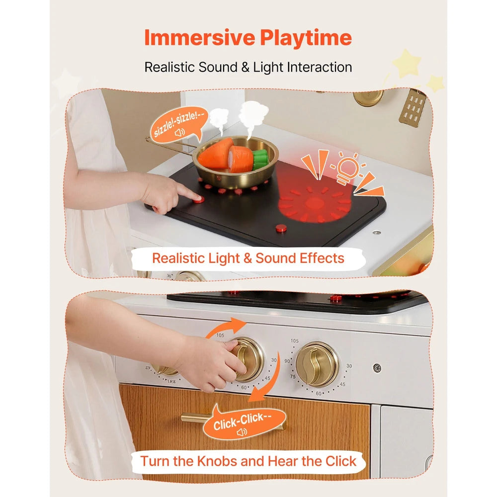 Wooden Play Kitchen – Pretend Kitchen with Oven, Stove, Lights & Sounds