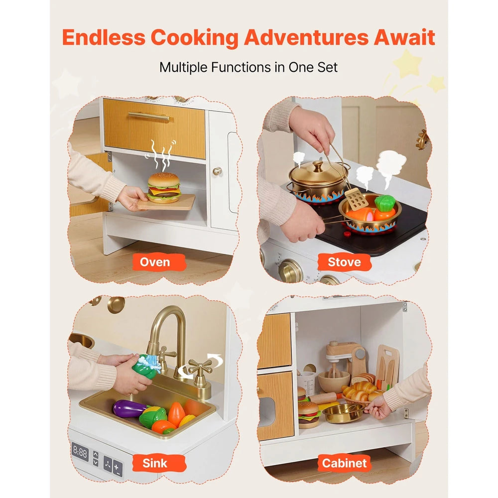 Wooden Play Kitchen – Pretend Kitchen with Oven, Stove, Lights & Sounds