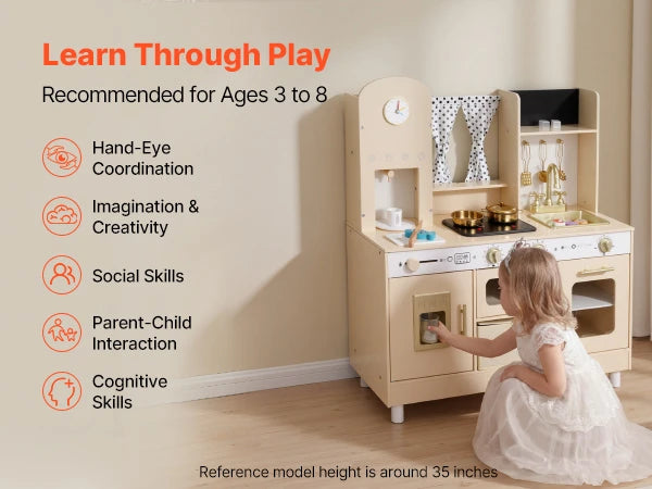 Wooden Play Kitchen – Pretend Kitchen with Ice Maker, Lights & Sounds