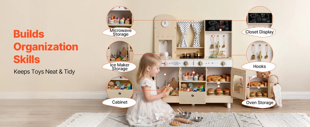 Wooden Play Kitchen – Pretend Kitchen with Ice Maker, Lights & Sounds