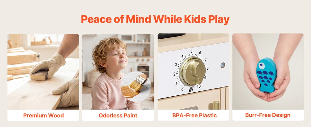 Wooden Play Kitchen – Pretend Kitchen with Ice Maker, Lights & Sounds