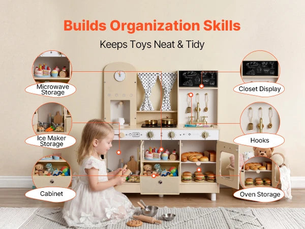 Wooden Play Kitchen – Pretend Kitchen with Ice Maker, Lights & Sounds