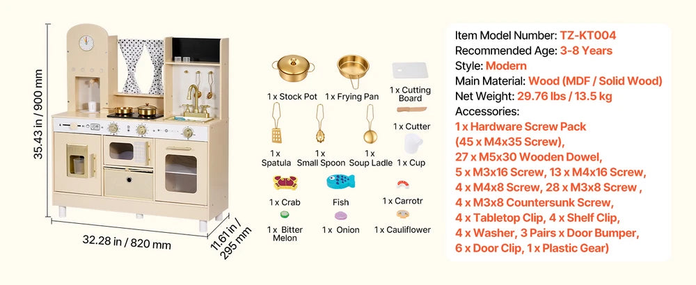 Wooden Play Kitchen – Pretend Kitchen with Ice Maker, Lights & Sounds
