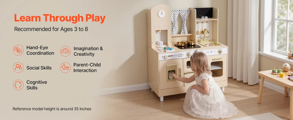 Wooden Play Kitchen – Pretend Kitchen with Ice Maker, Lights & Sounds