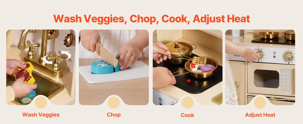Wooden Play Kitchen – Pretend Kitchen with Ice Maker, Lights & Sounds