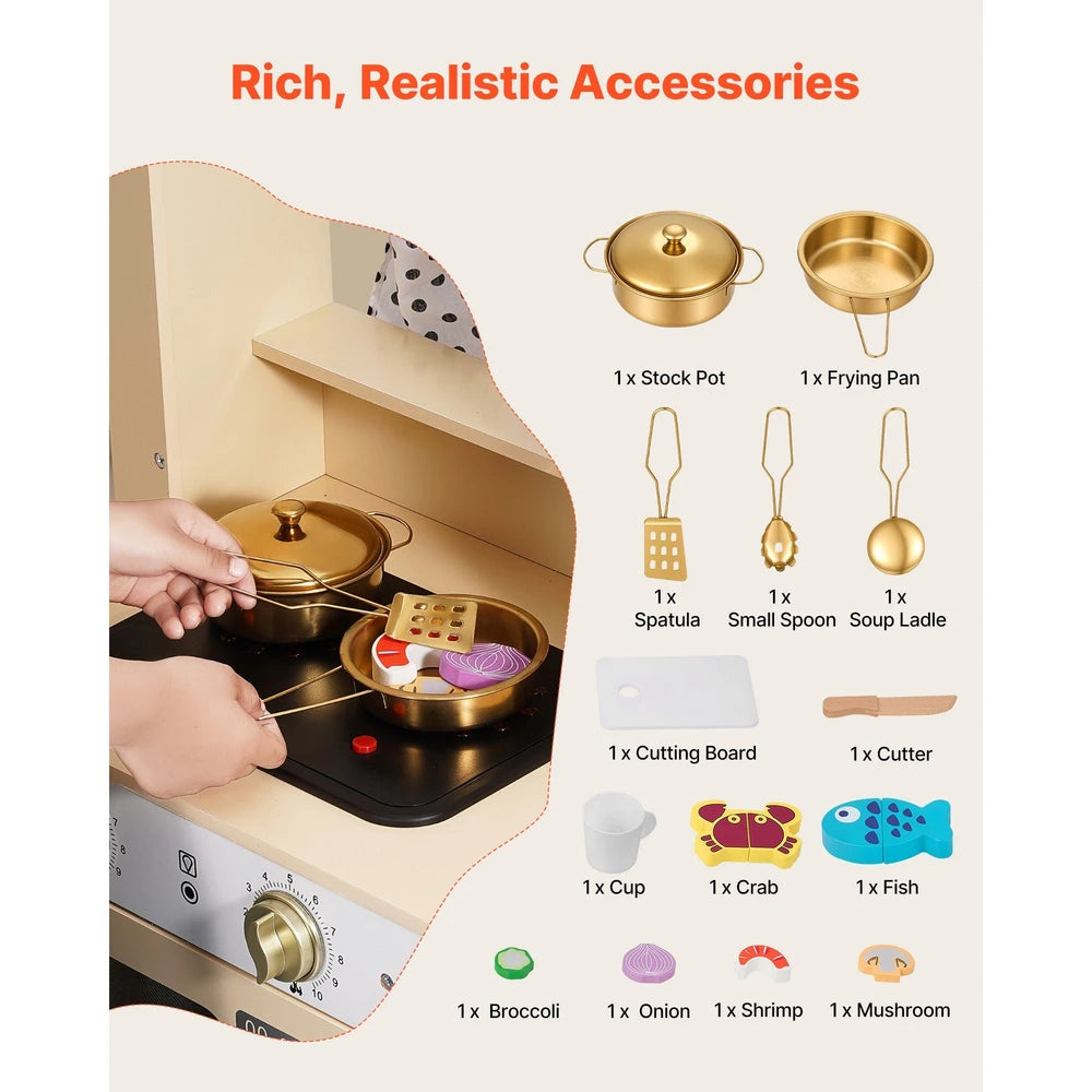 Wooden Play Kitchen – Pretend Kitchen with Ice Maker, Lights & Sounds