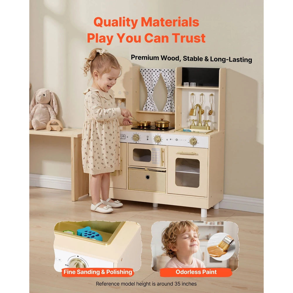 Wooden Play Kitchen – Pretend Kitchen with Ice Maker, Lights & Sounds
