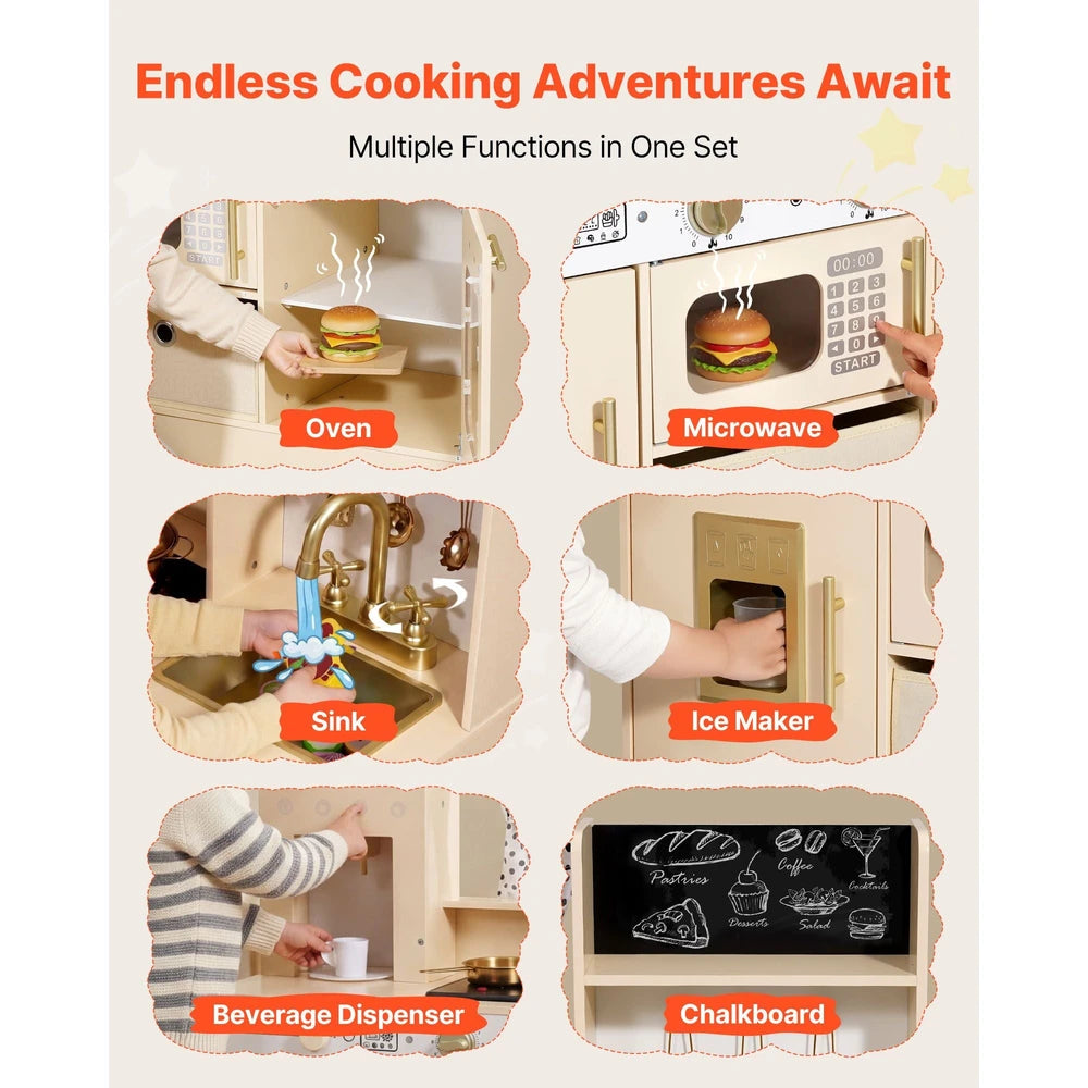 Wooden Play Kitchen – Pretend Kitchen with Ice Maker, Lights & Sounds