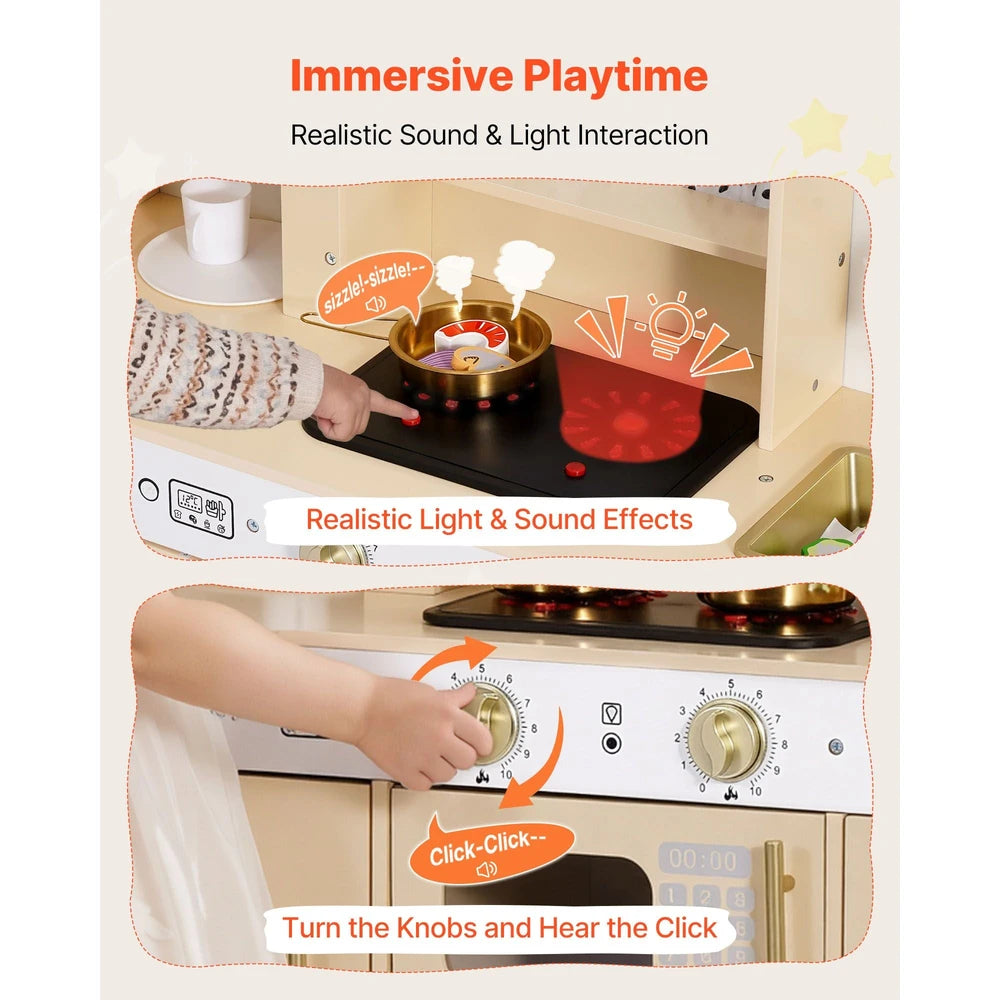 Wooden Play Kitchen – Pretend Kitchen with Ice Maker, Lights & Sounds