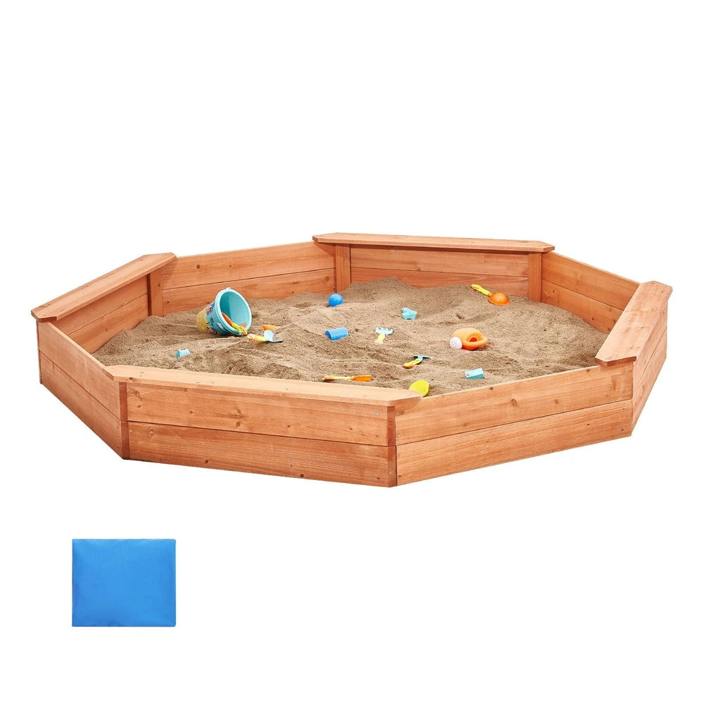 Wooden Sandbox with Cover – Octagonal Backyard Sandbox with Seating