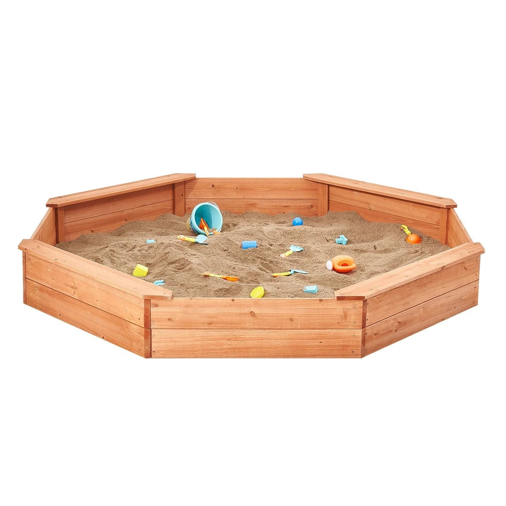 Wooden Sandbox with Cover – Octagonal Backyard Sandbox with Seating