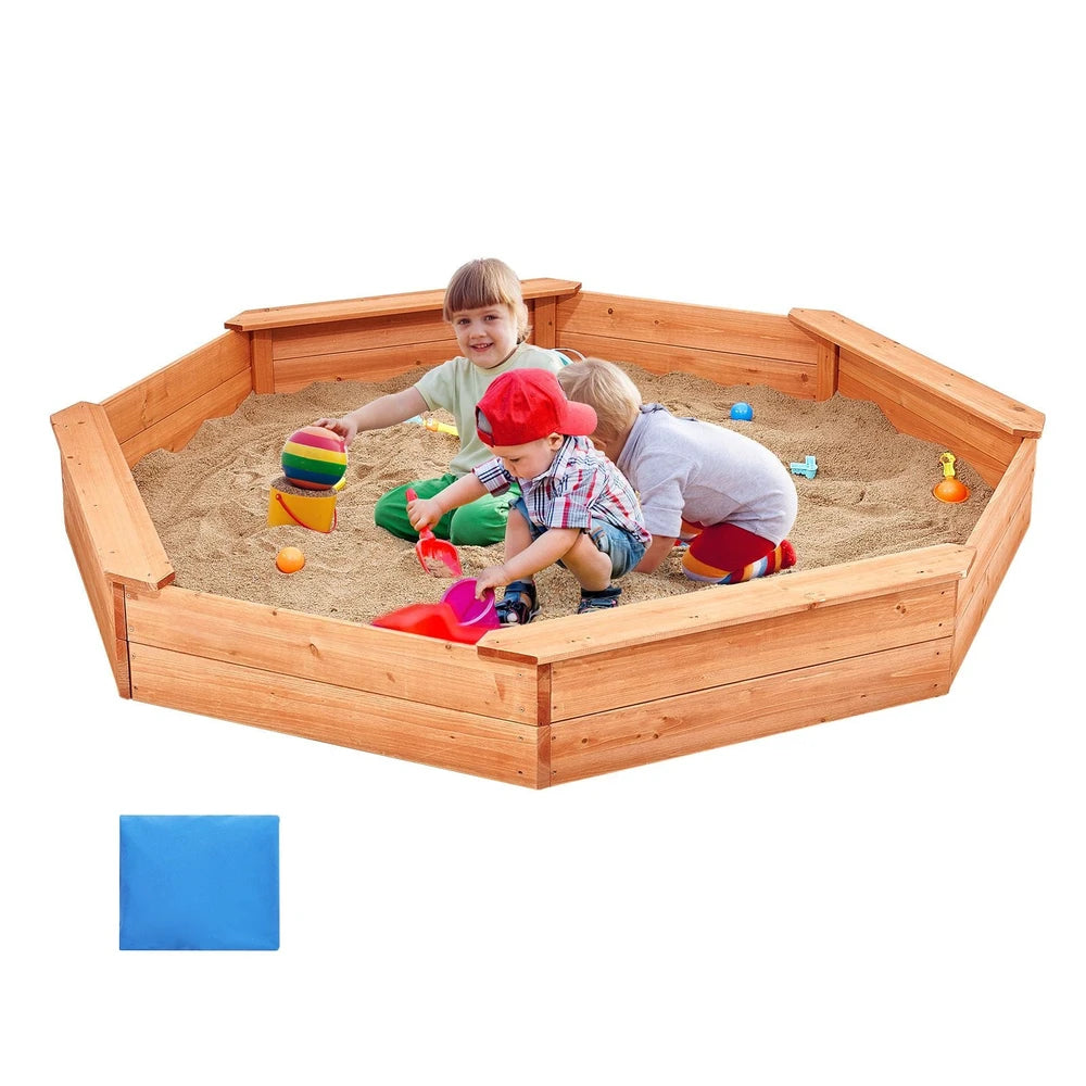 Wooden Sandbox with Cover – Octagonal Backyard Sandbox with Seating