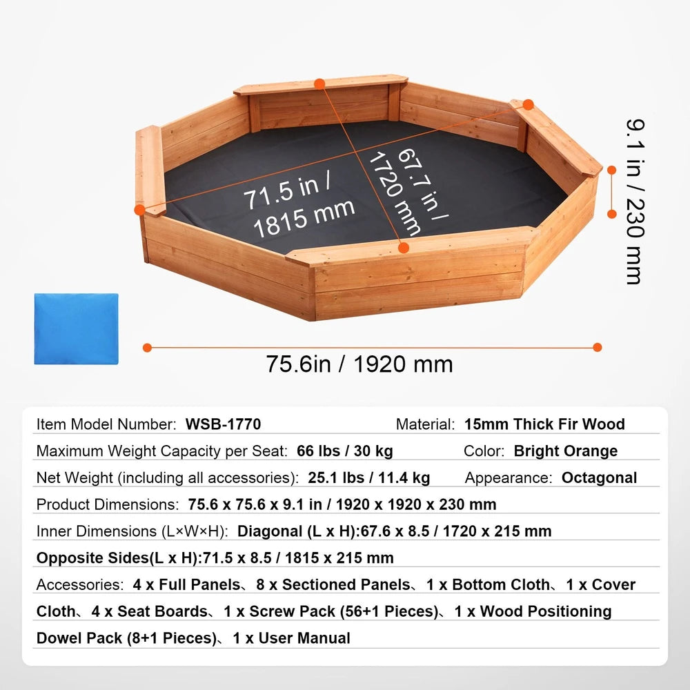 Wooden Sandbox with Cover – Octagonal Backyard Sandbox with Seating