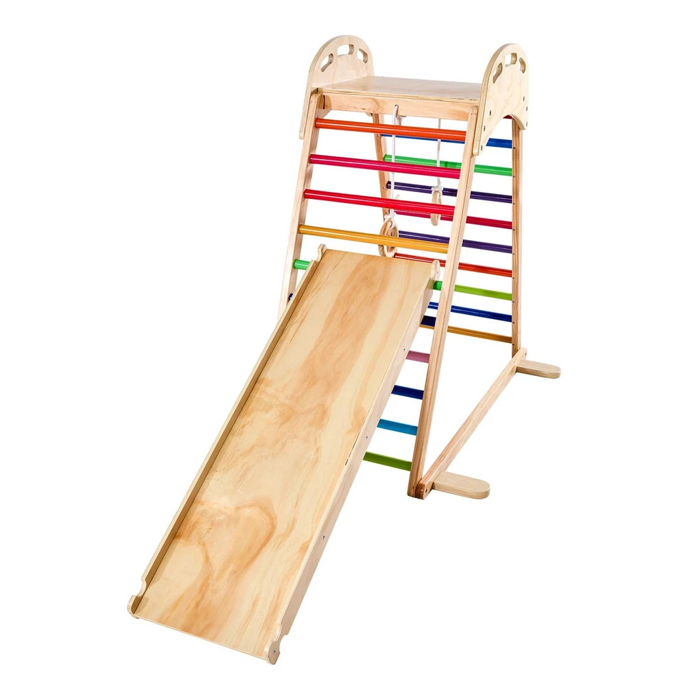 4-in-1 Wooden Montessori Jungle Gym – Indoor Climber with Rock Wall & Slide