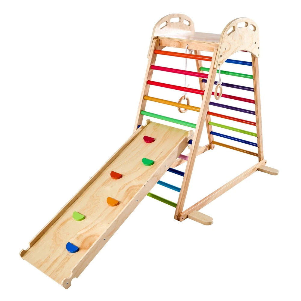 4-in-1 Wooden Montessori Jungle Gym – Indoor Climber with Rock Wall & Slide