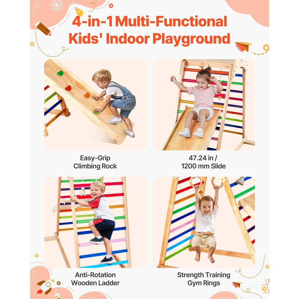 4-in-1 Wooden Montessori Jungle Gym – Indoor Climber with Rock Wall & Slide