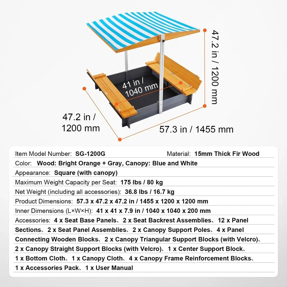 Wooden Kids Sandbox – Backyard Sandbox with Adjustable Sun Canopy