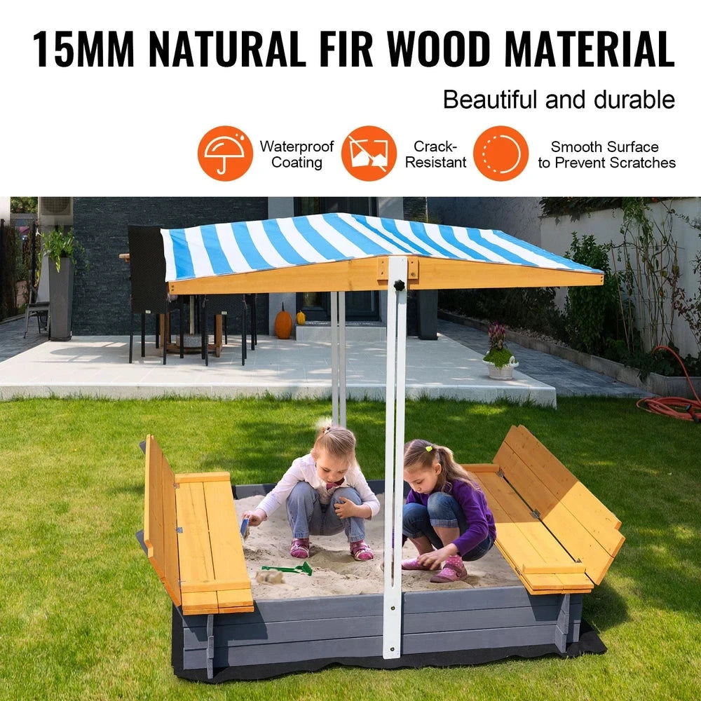 Wooden Kids Sandbox – Backyard Sandbox with Adjustable Sun Canopy