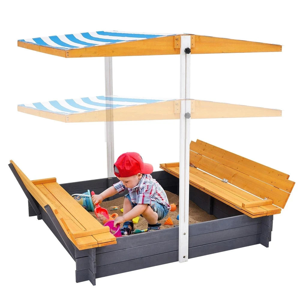 Wooden Kids Sandbox – Backyard Sandbox with Adjustable Sun Canopy