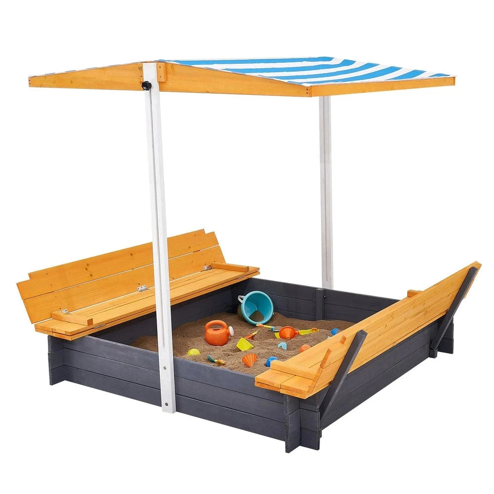 Wooden Kids Sandbox – Backyard Sandbox with Adjustable Sun Canopy