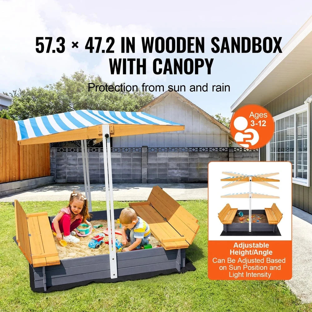 Wooden Kids Sandbox – Backyard Sandbox with Adjustable Sun Canopy