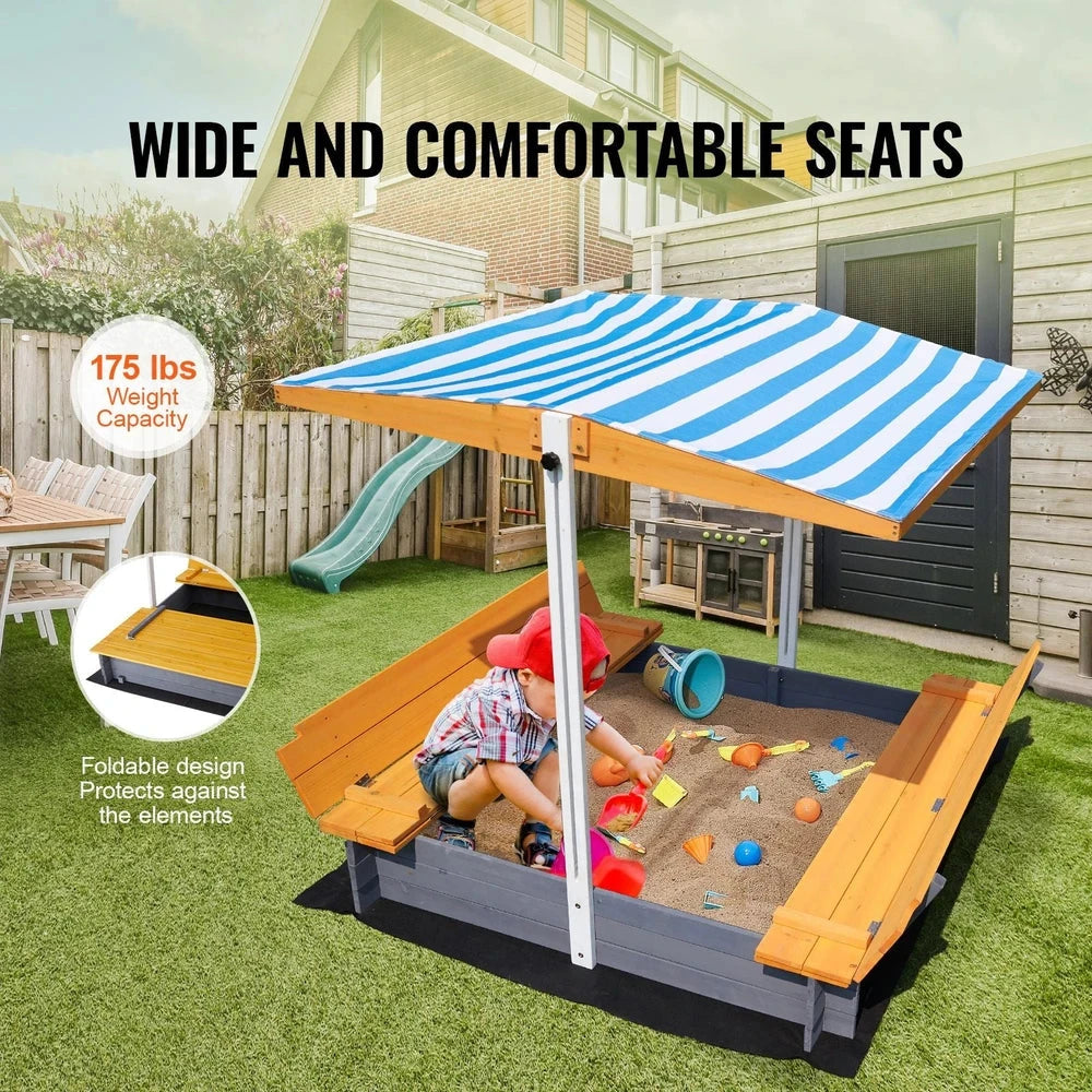 Wooden Kids Sandbox – Backyard Sandbox with Adjustable Sun Canopy