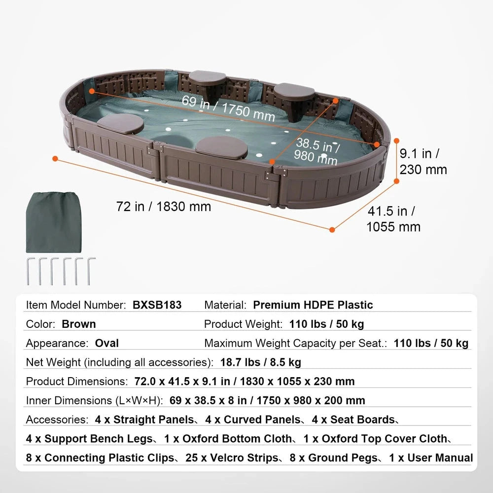 Oval Kids Sandbox – Durable HDPE Sandbox with Seating & Cover