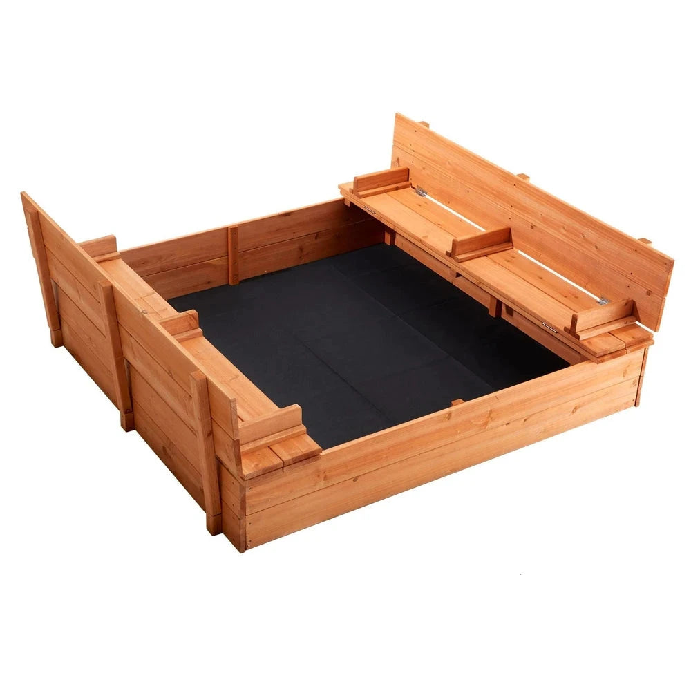 Natural Wood Sandbox – Backyard Sandbox with Foldable Benches & Cover