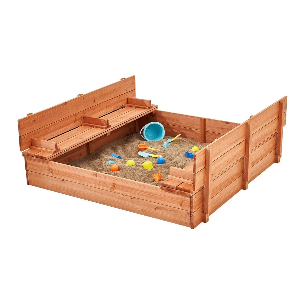 Natural Wood Sandbox – Backyard Sandbox with Foldable Benches & Cover