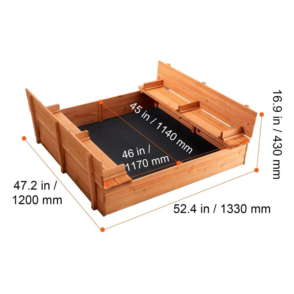 Natural Wood Sandbox – Backyard Sandbox with Foldable Benches & Cover