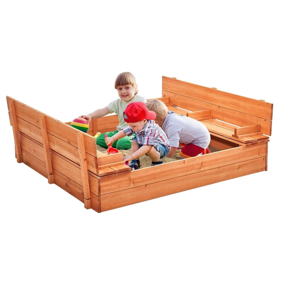 Natural Wood Sandbox – Backyard Sandbox with Foldable Benches & Cover