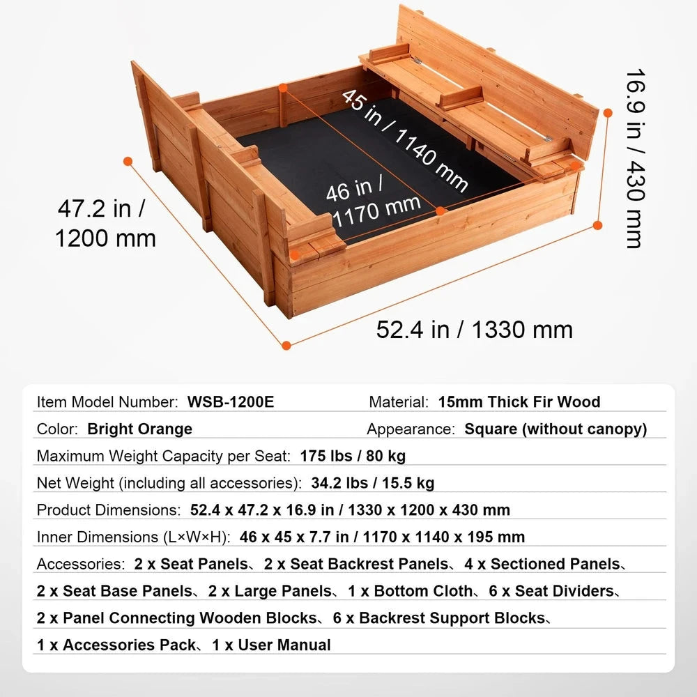 Natural Wood Sandbox – Backyard Sandbox with Foldable Benches & Cover