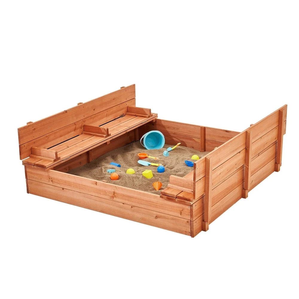 Natural Wood Sandbox – Backyard Sandbox with Foldable Benches & Cover