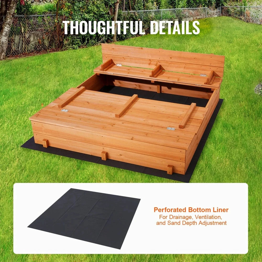 Natural Wood Sandbox – Backyard Sandbox with Foldable Benches & Cover
