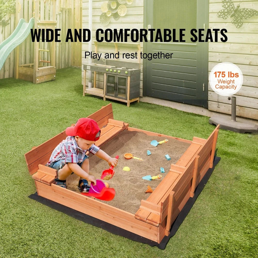 Natural Wood Sandbox – Backyard Sandbox with Foldable Benches & Cover