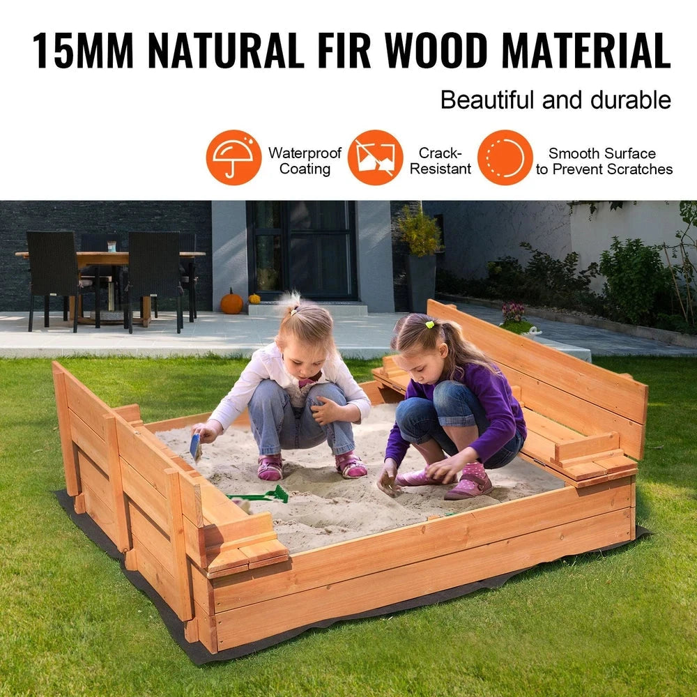 Natural Wood Sandbox – Backyard Sandbox with Foldable Benches & Cover