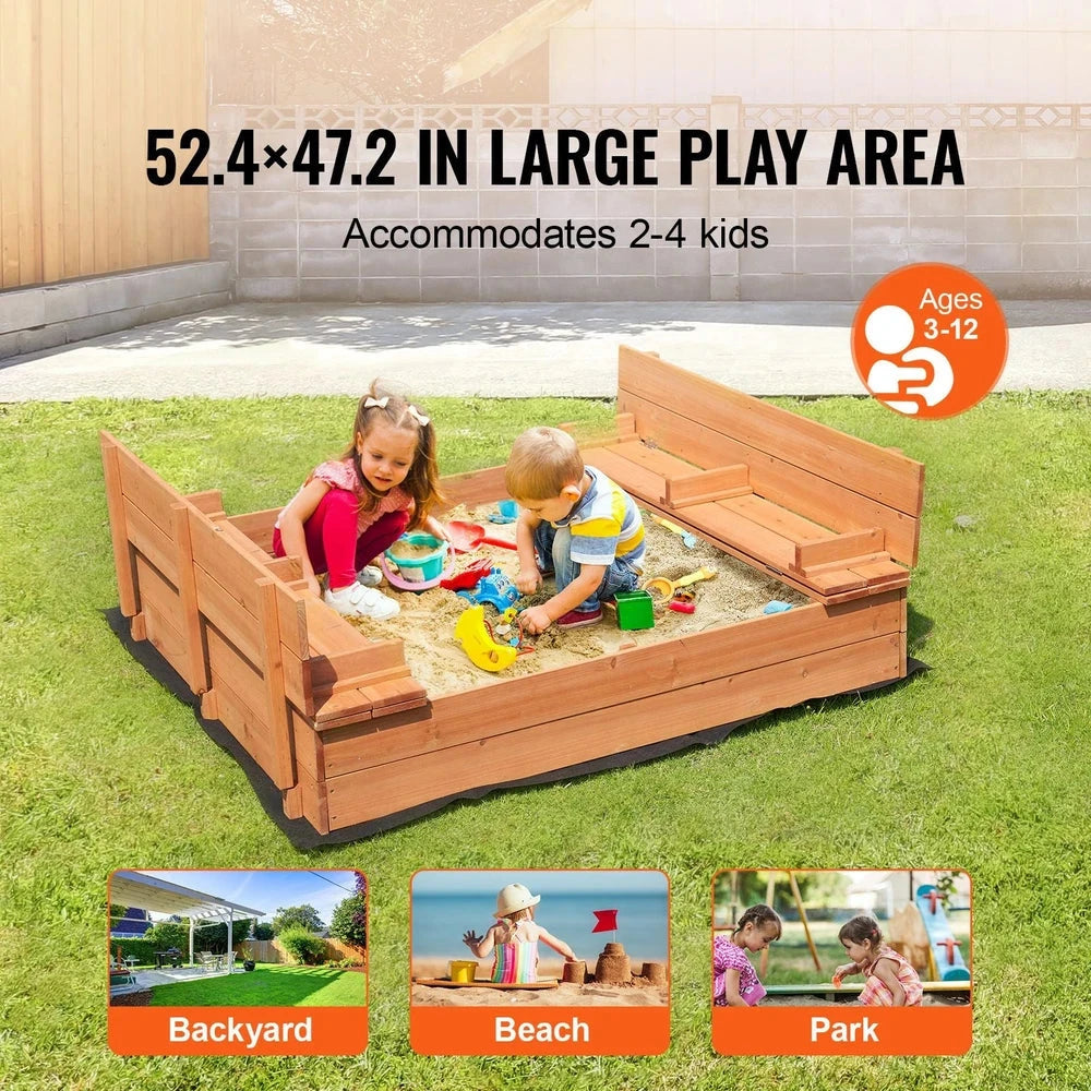 Natural Wood Sandbox – Backyard Sandbox with Foldable Benches & Cover