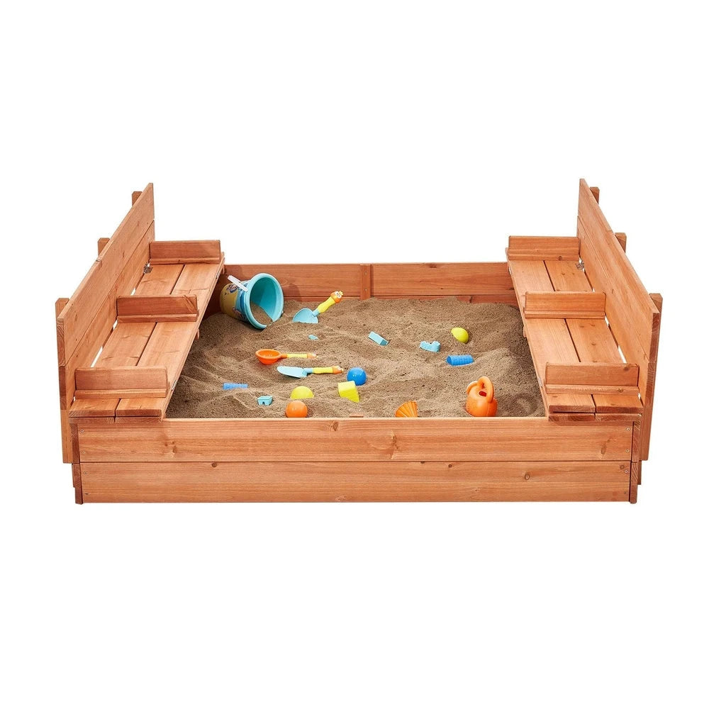 Natural Wood Sandbox – Backyard Sandbox with Foldable Benches & Cover